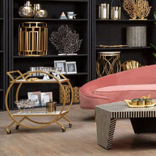 Load image into Gallery viewer, Joanna Round Marble Drinks Trolley in Gold
